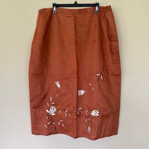 Lino USA Embroidered Linen Skirt Women 3X Floral Lined Long Modest Brown Church